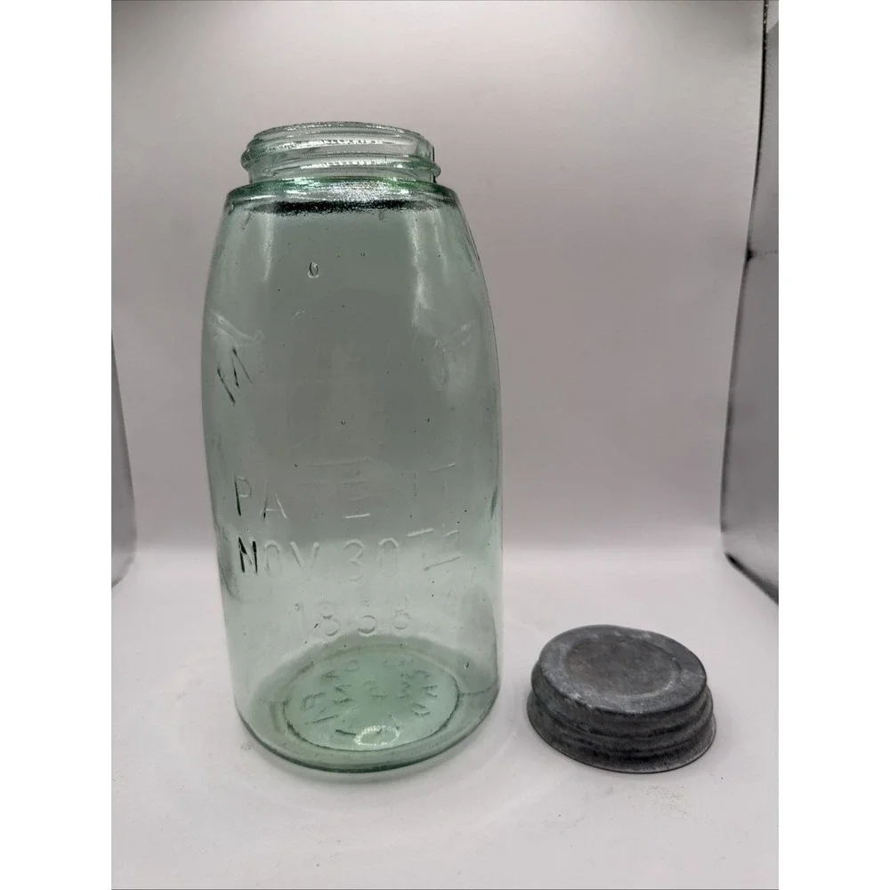 Mason's Jar Hero Cross Patent Nov 30th 1858, Aquamarine Glass, 1/2 Gal, Zinc Lid